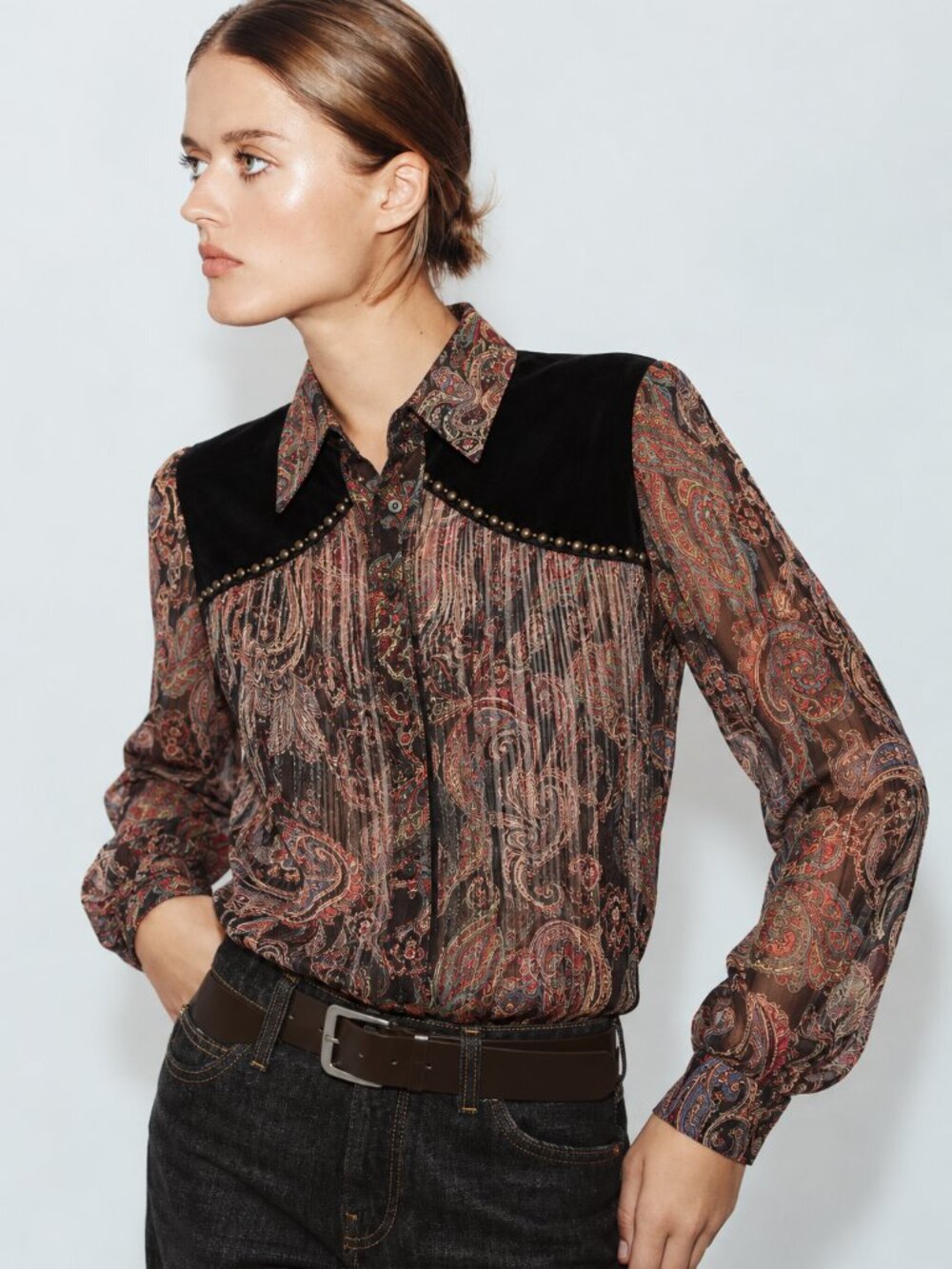 ZARA XS Semi-Sheer Paisley Velvet Studded Blouse | Boho Luxe Statement